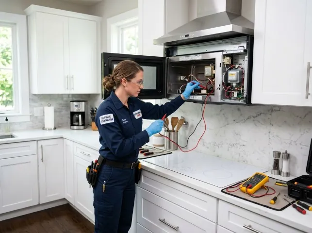Appliance Repair Hero technician testing an over-the-range microwave in a Brewster, MA kitchen